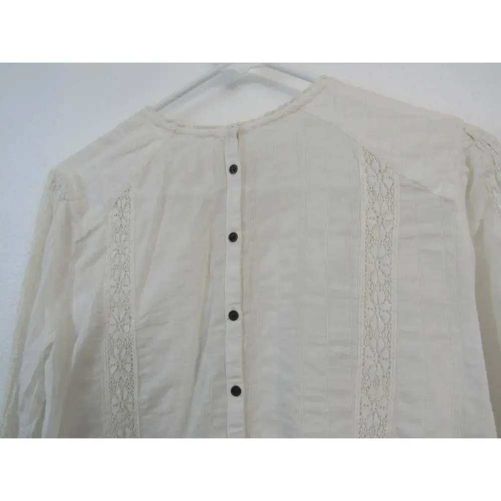 Free People Medium Cotton White Long Sleeve Blouse Button Back Crochet Cutouts